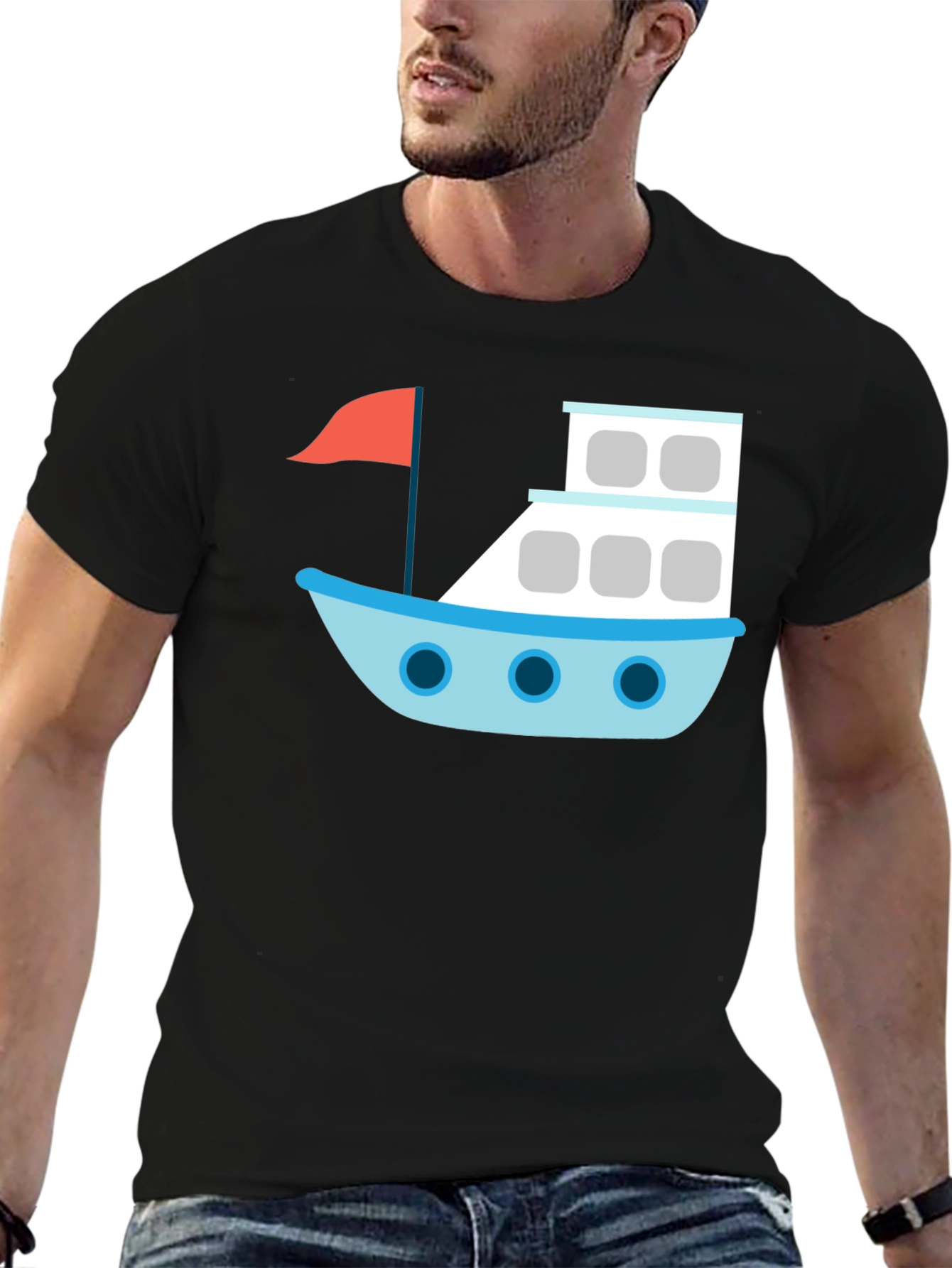 Black T-Shirt with Cartoon Boat Design