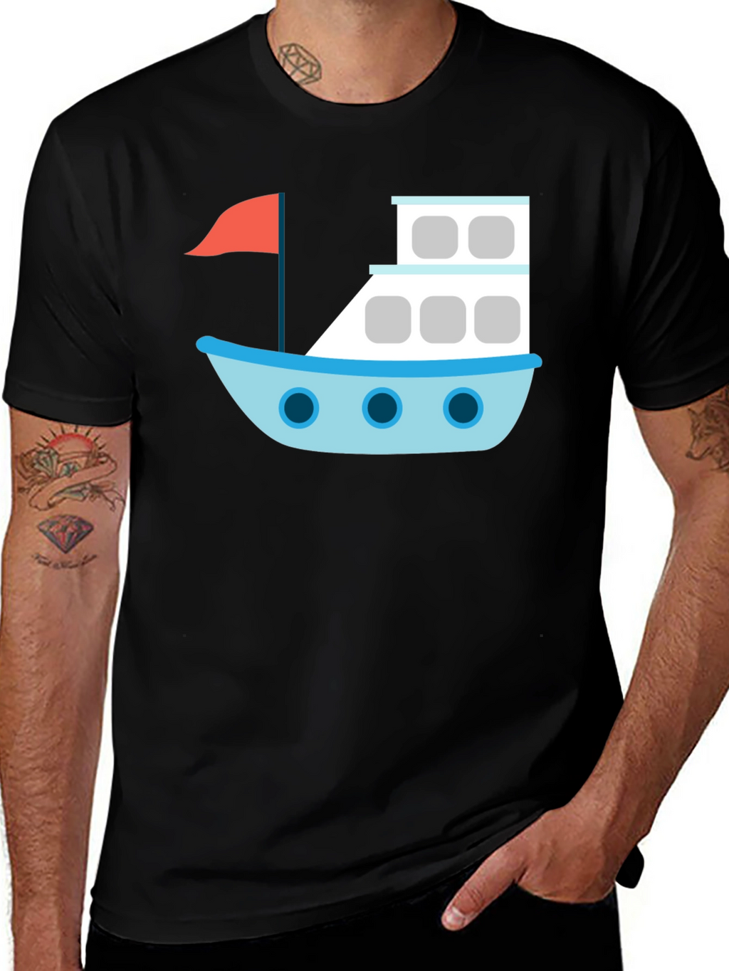 Black T-Shirt with Cartoon Boat Design