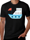 Black T-Shirt with Cartoon Boat Design