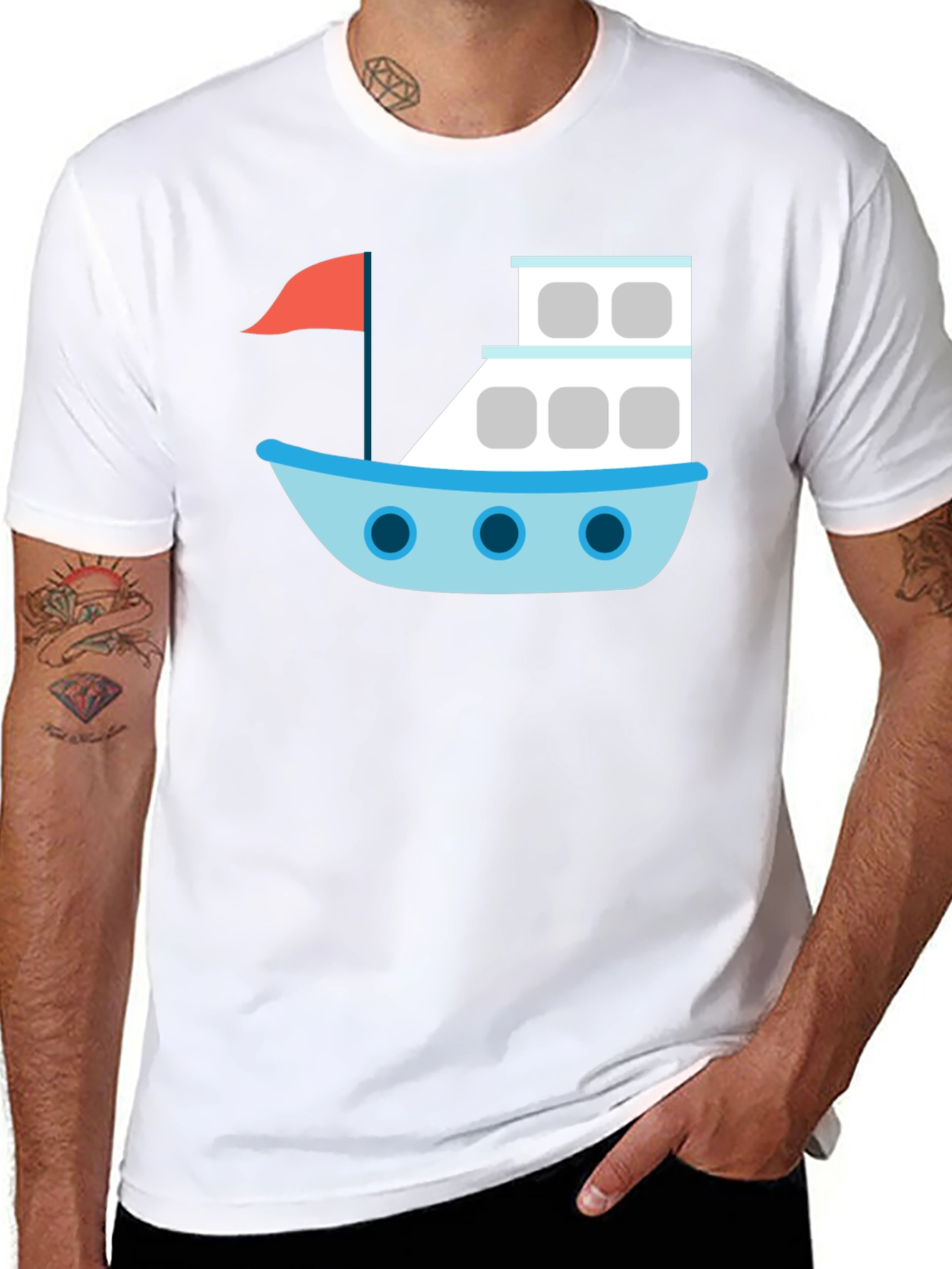 Black T-Shirt with Cartoon Boat Design