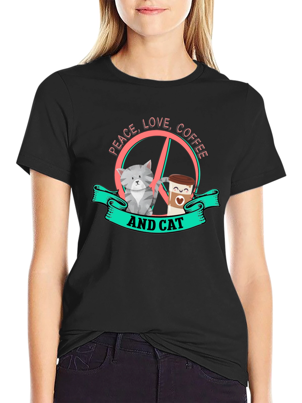 Peace Love Coffee and Cat Graphic Tee