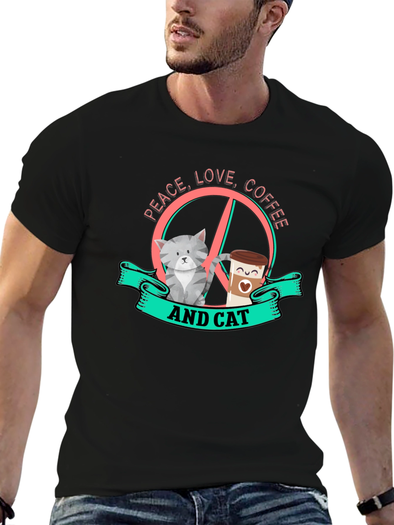 Peace Love Coffee and Cat Graphic Tee
