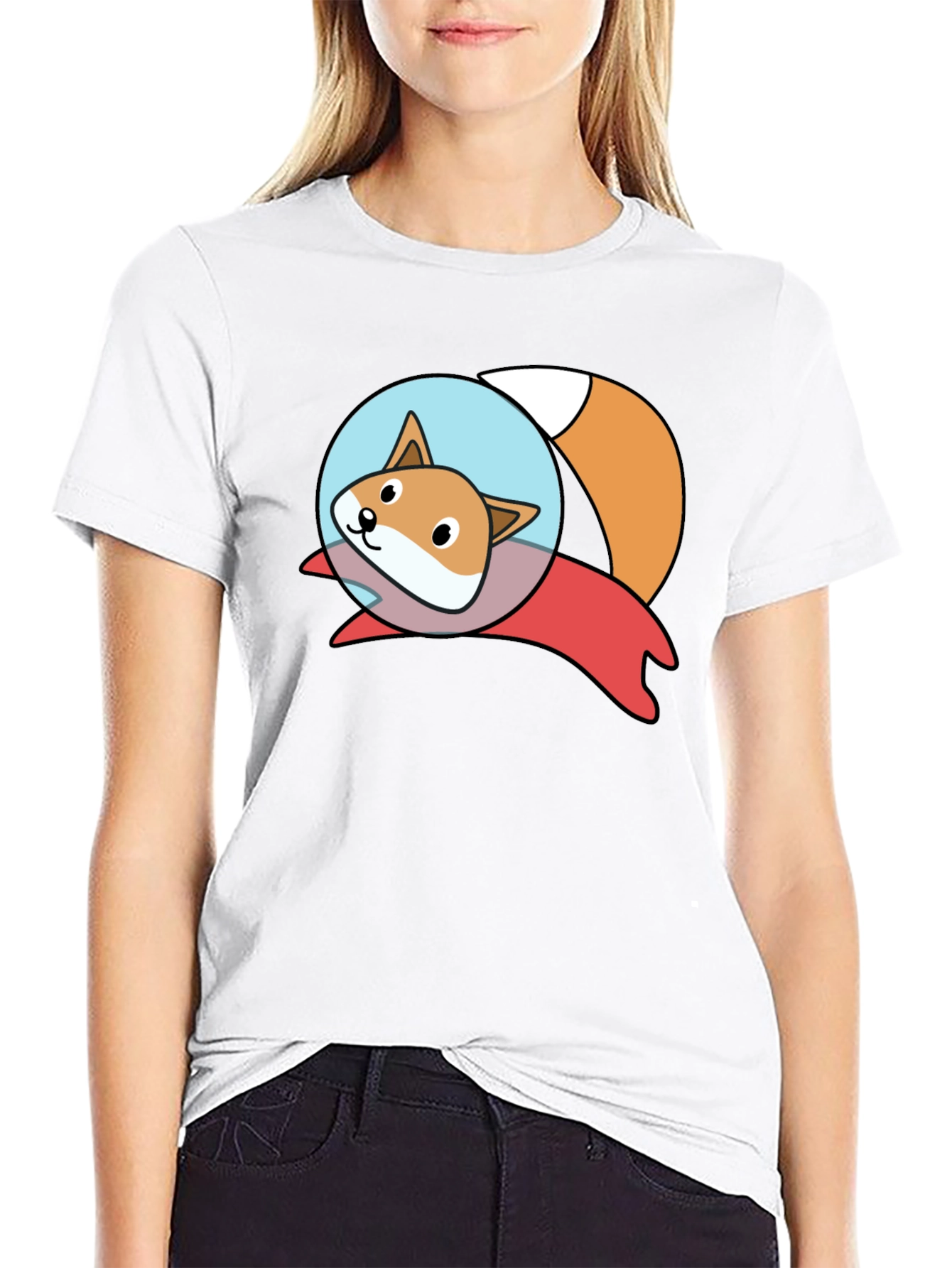 Cute Space Fox Graphic Black T-Shirt