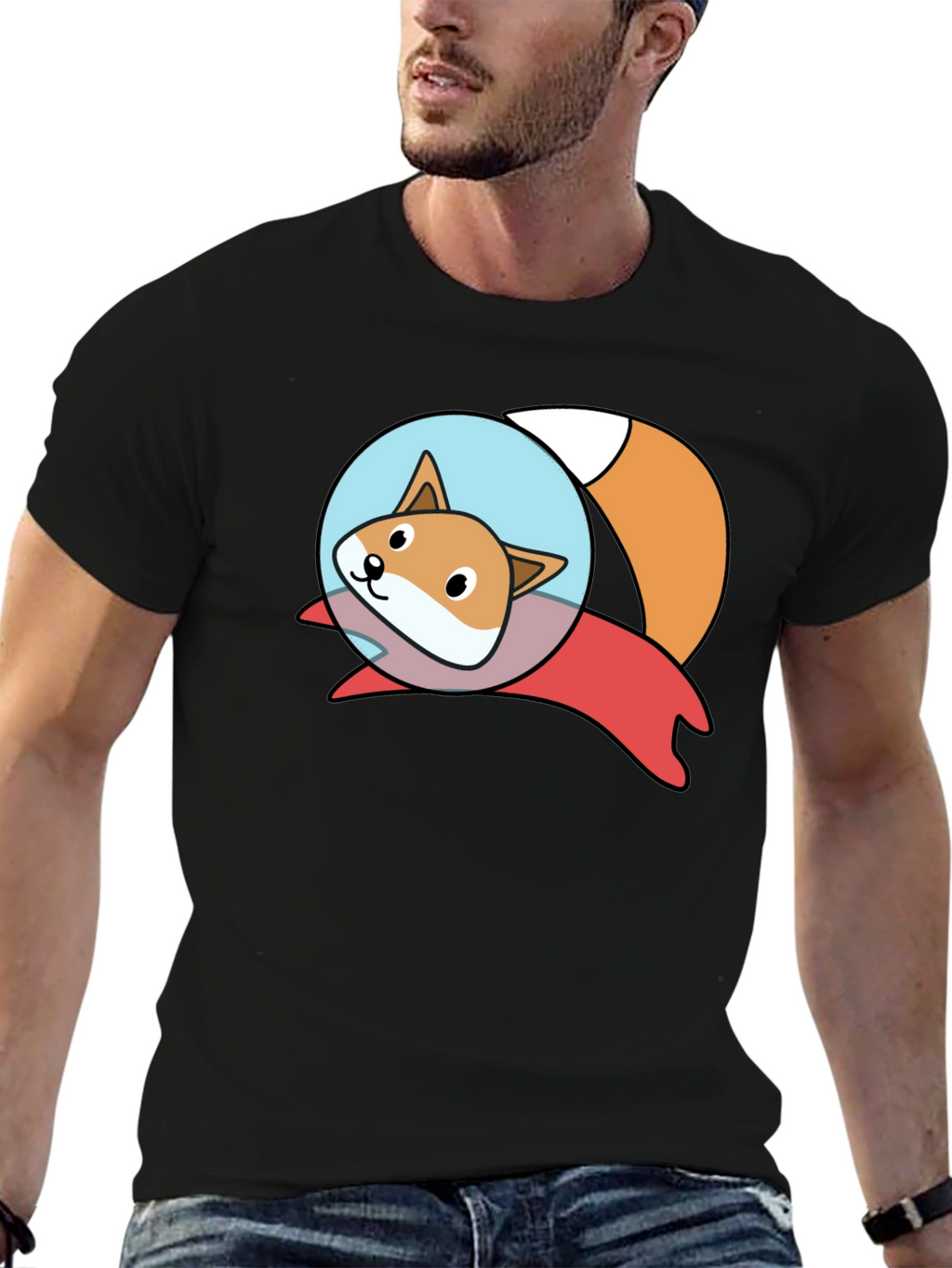 Cute Space Fox Graphic Black T-Shirt