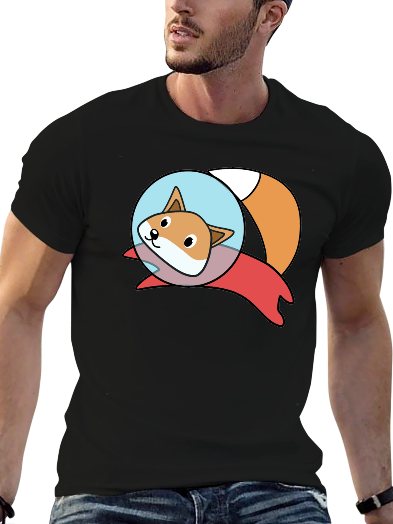 Cute Space Fox Graphic Black T-Shirt