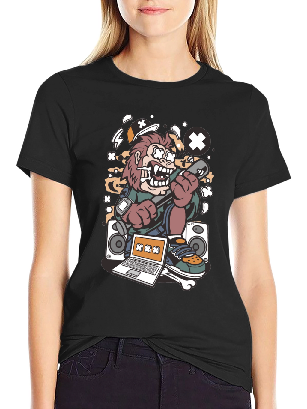 DJ Monkey Black Graphic Tee