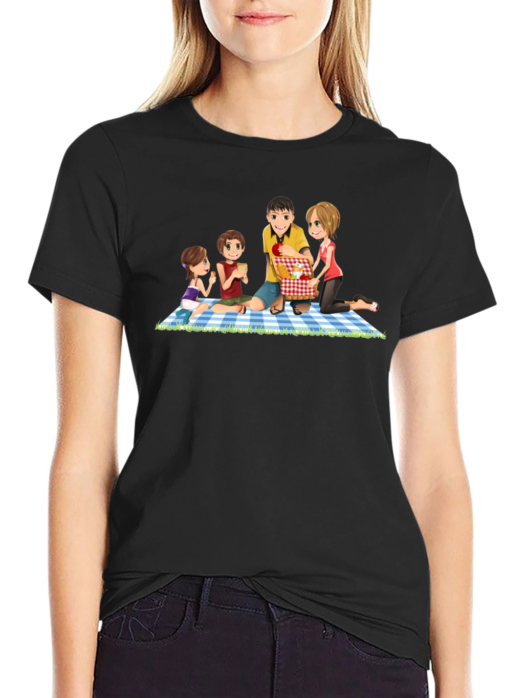 Family Picnic T-Shirt - Black Crew Neck
