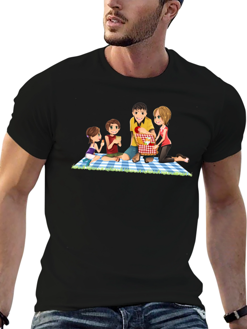 Family Picnic T-Shirt - Black Crew Neck