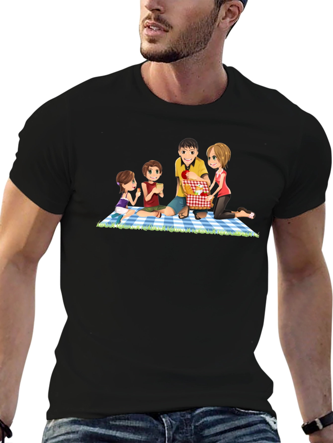 Family Picnic T-Shirt - Black Crew Neck