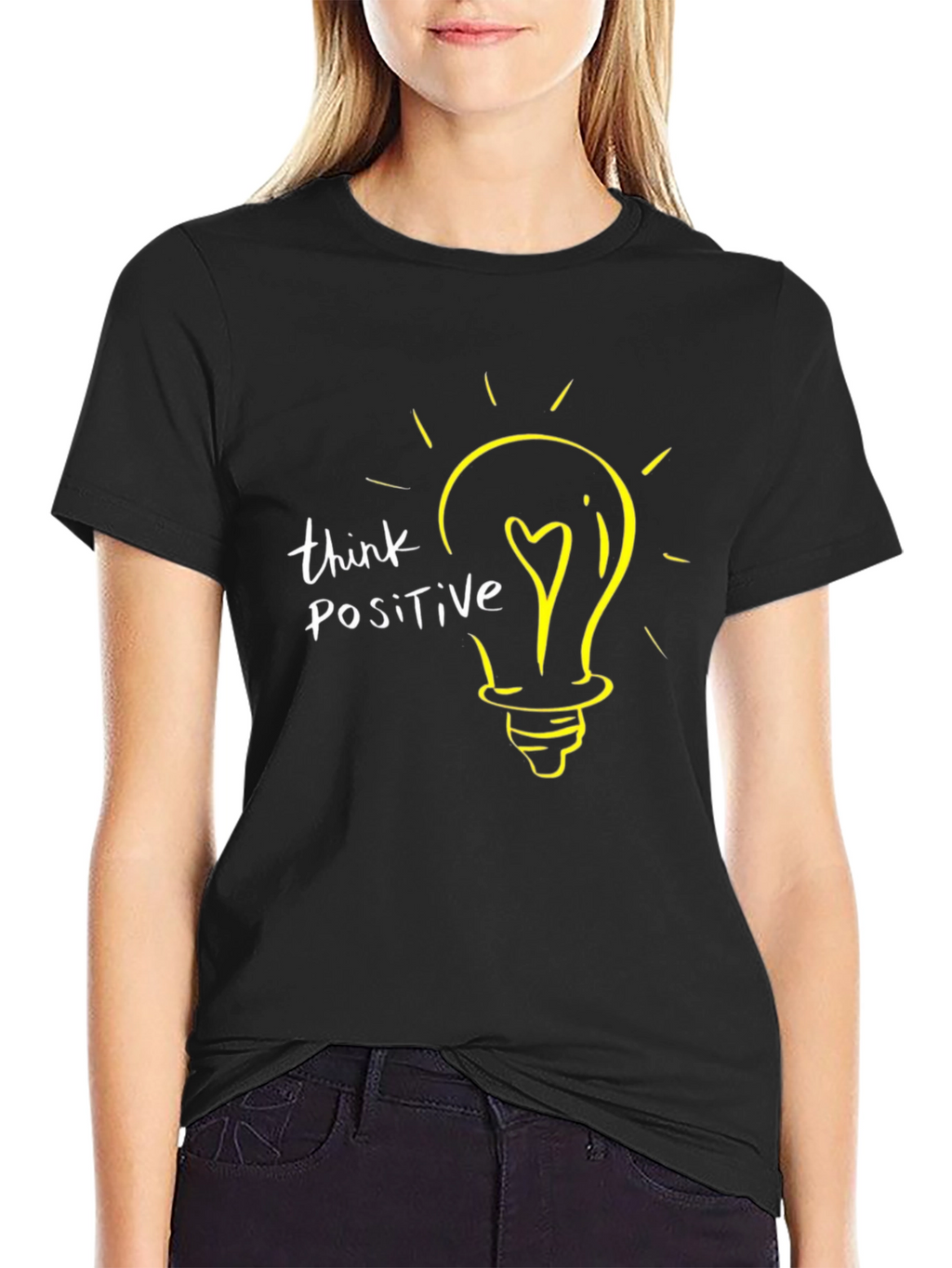 Think Positive Lightbulb Graphic T-Shirt - Black
