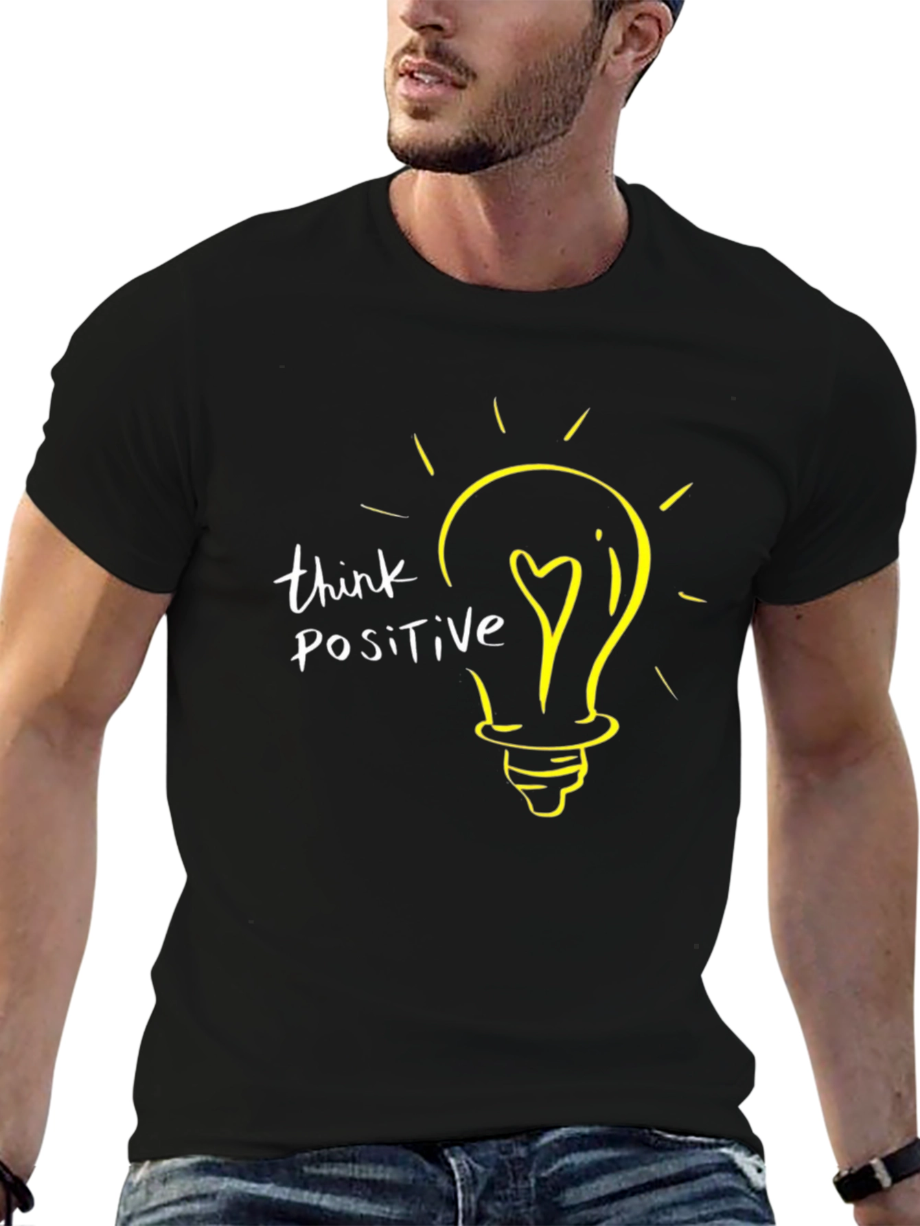 Think Positive Lightbulb Graphic T-Shirt - Black