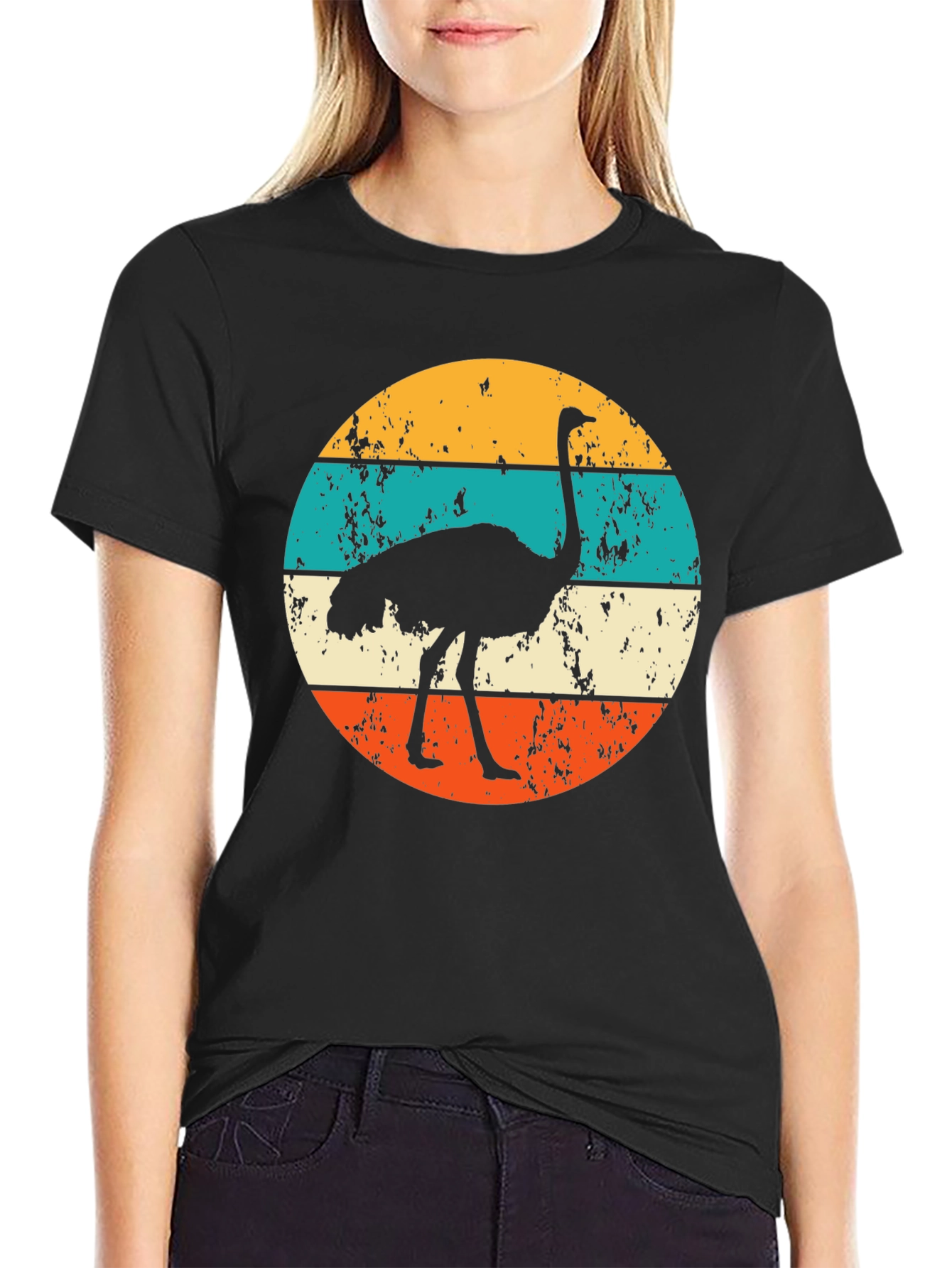 Retro Ostrich Sunset Graphic Tee - Black