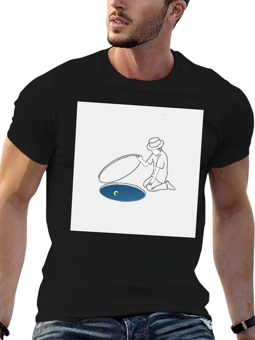 Man Opening Moon T-Shirt - Black Cotton Tee