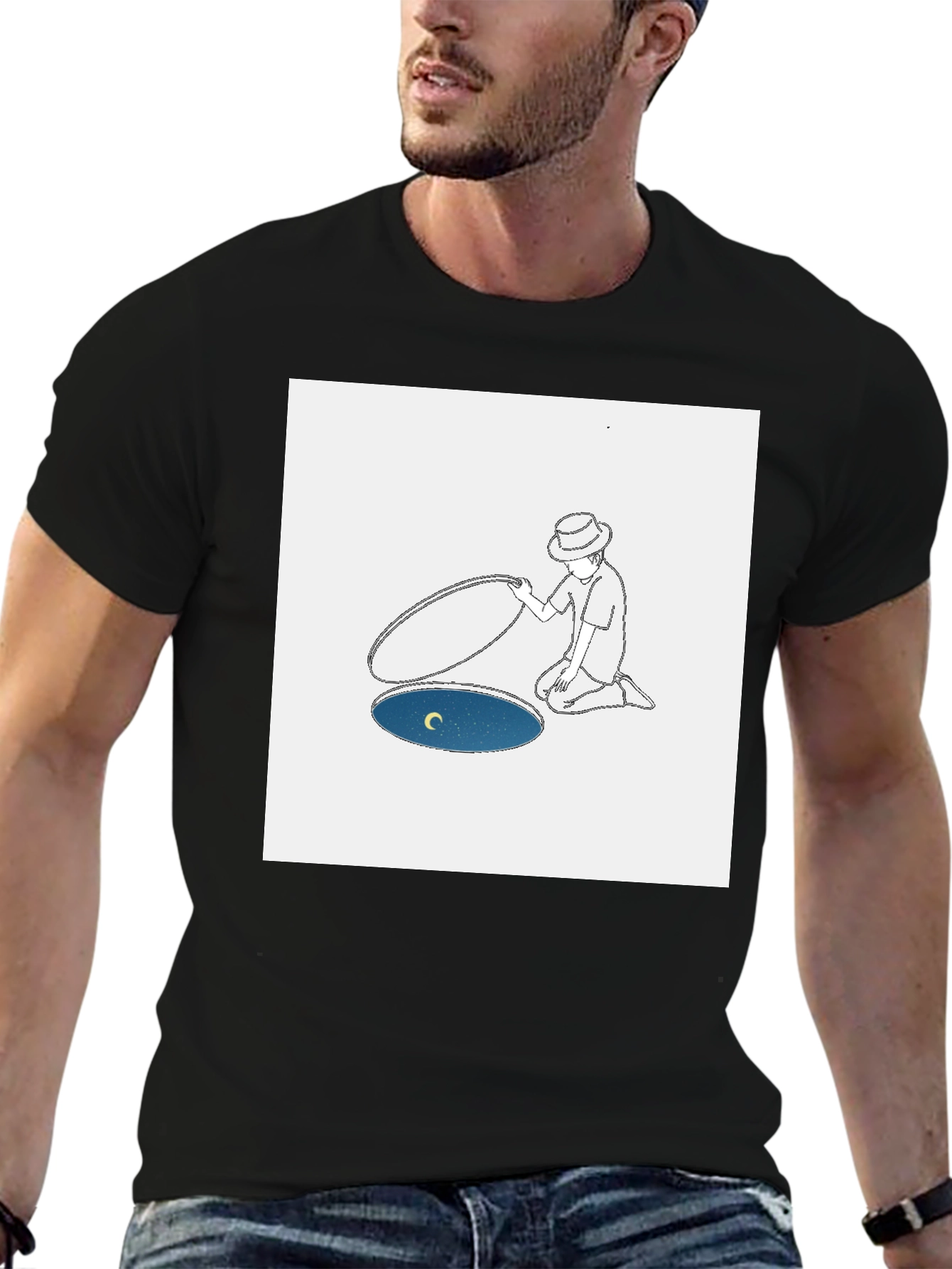 Man Opening Moon T-Shirt - Black Cotton Tee