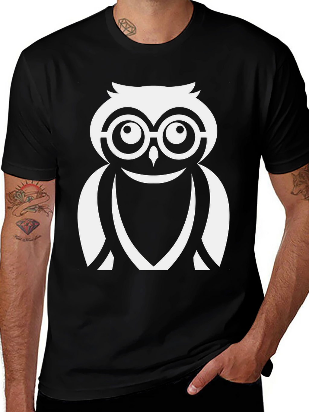 Cool Owl Graphic Tee - Black Cotton Blend
