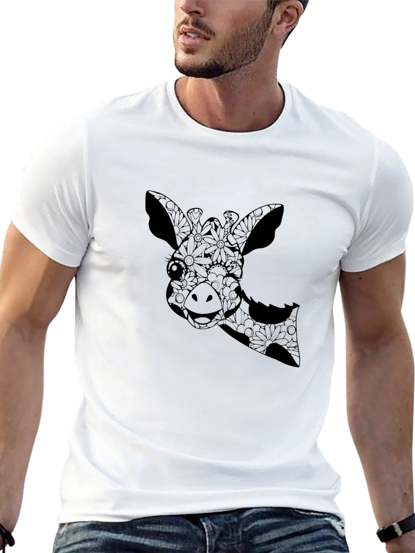 Giraffe Floral Print Black T-Shirt
