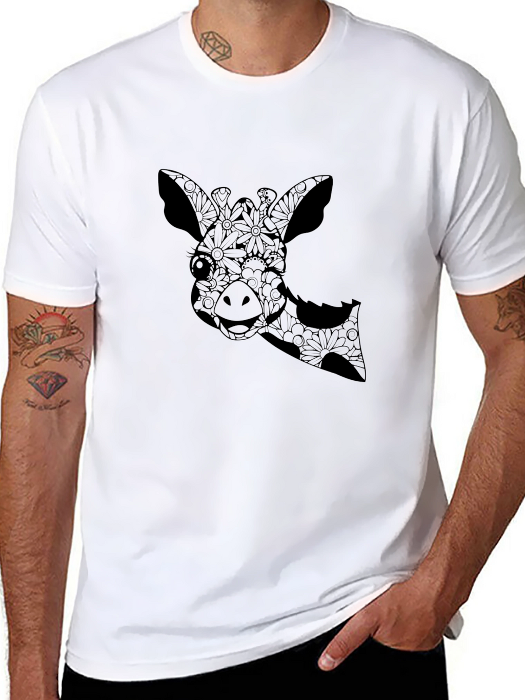 Giraffe Floral Print Black T-Shirt