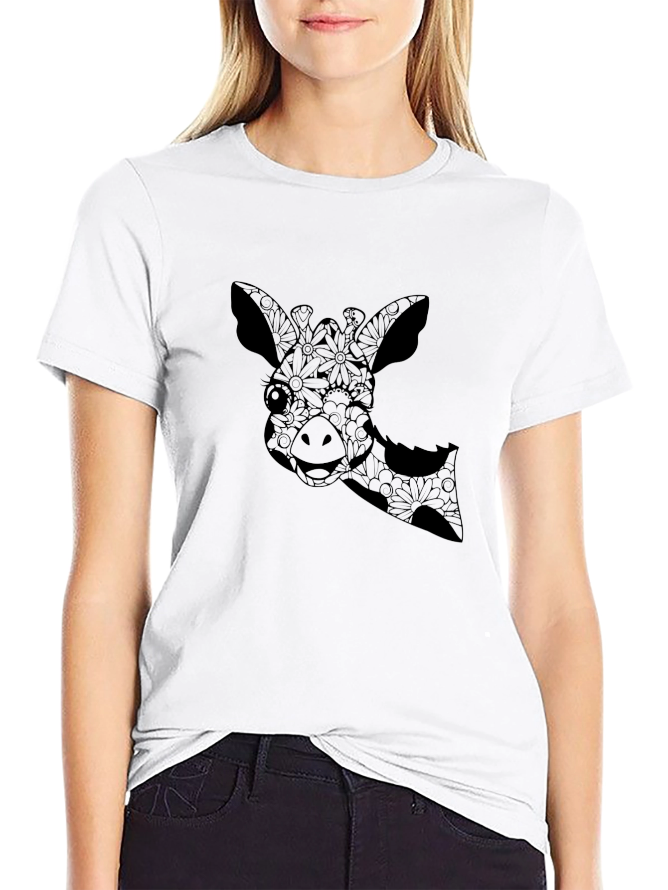 Giraffe Floral Print Black T-Shirt