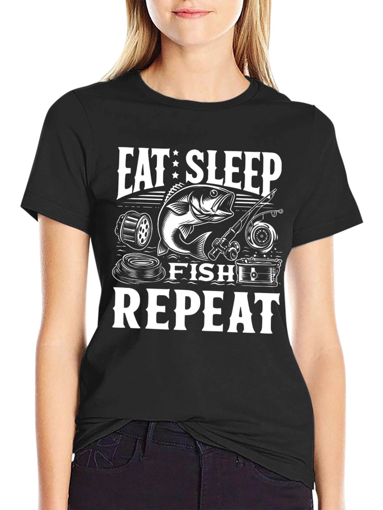 Eat Sleep Fish Repeat Black Graphic Tee