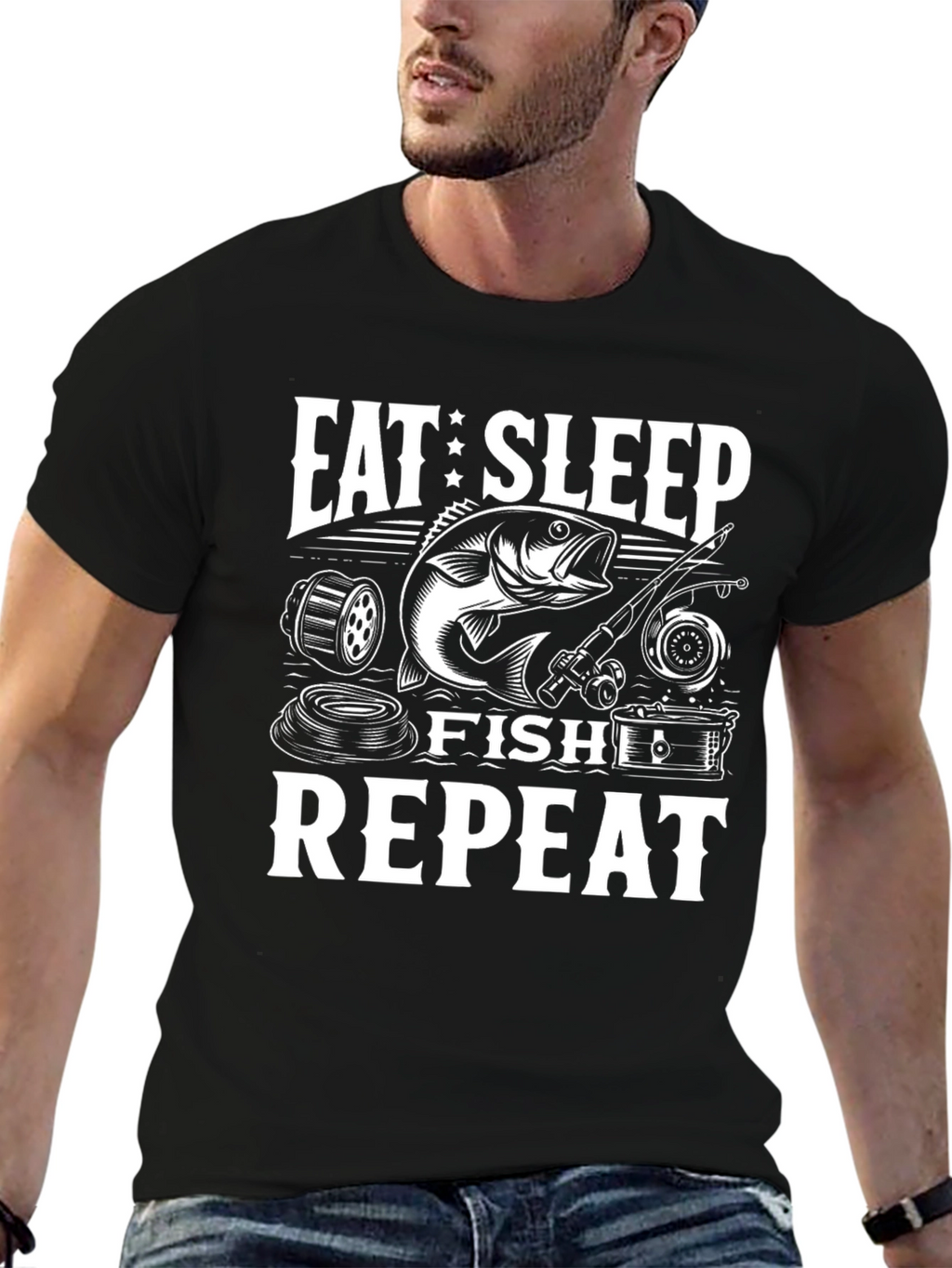 Eat Sleep Fish Repeat Black Graphic Tee
