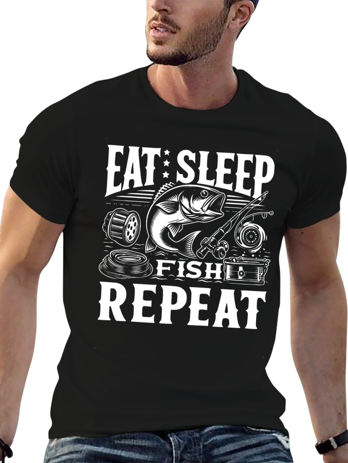 Eat Sleep Fish Repeat Black Graphic Tee