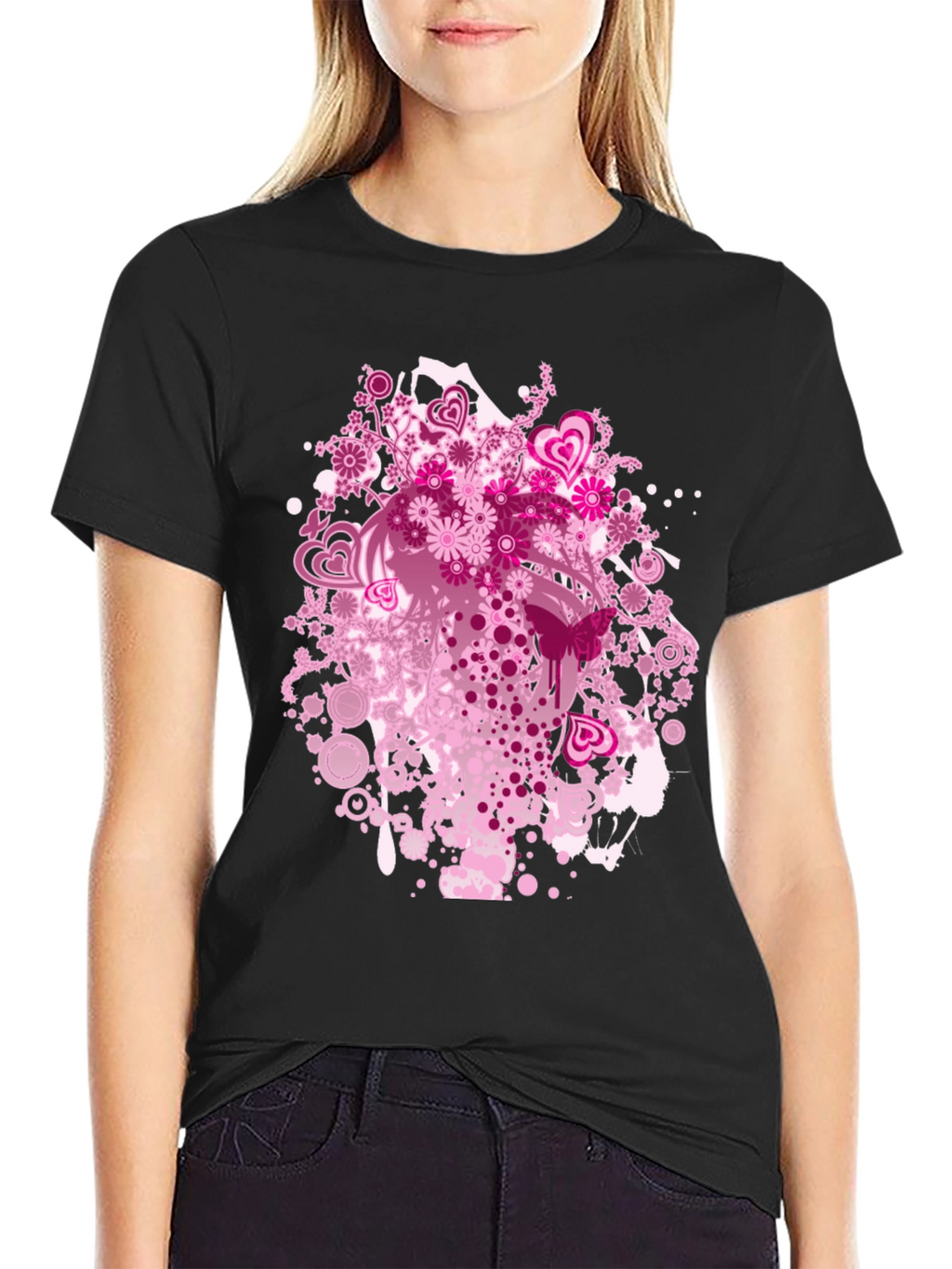 Floral Hearts Graphic Black T-Shirt