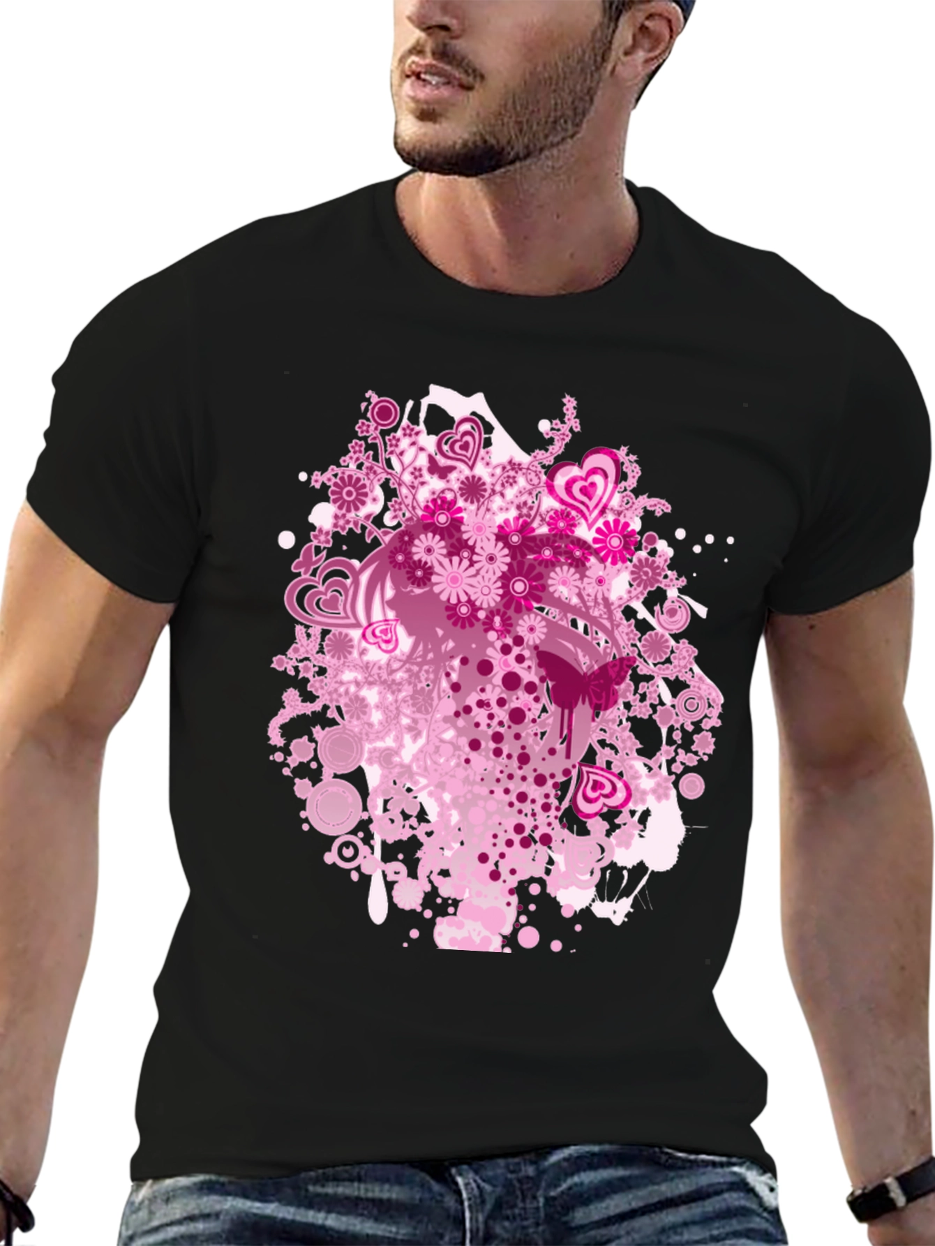 Floral Hearts Graphic Black T-Shirt