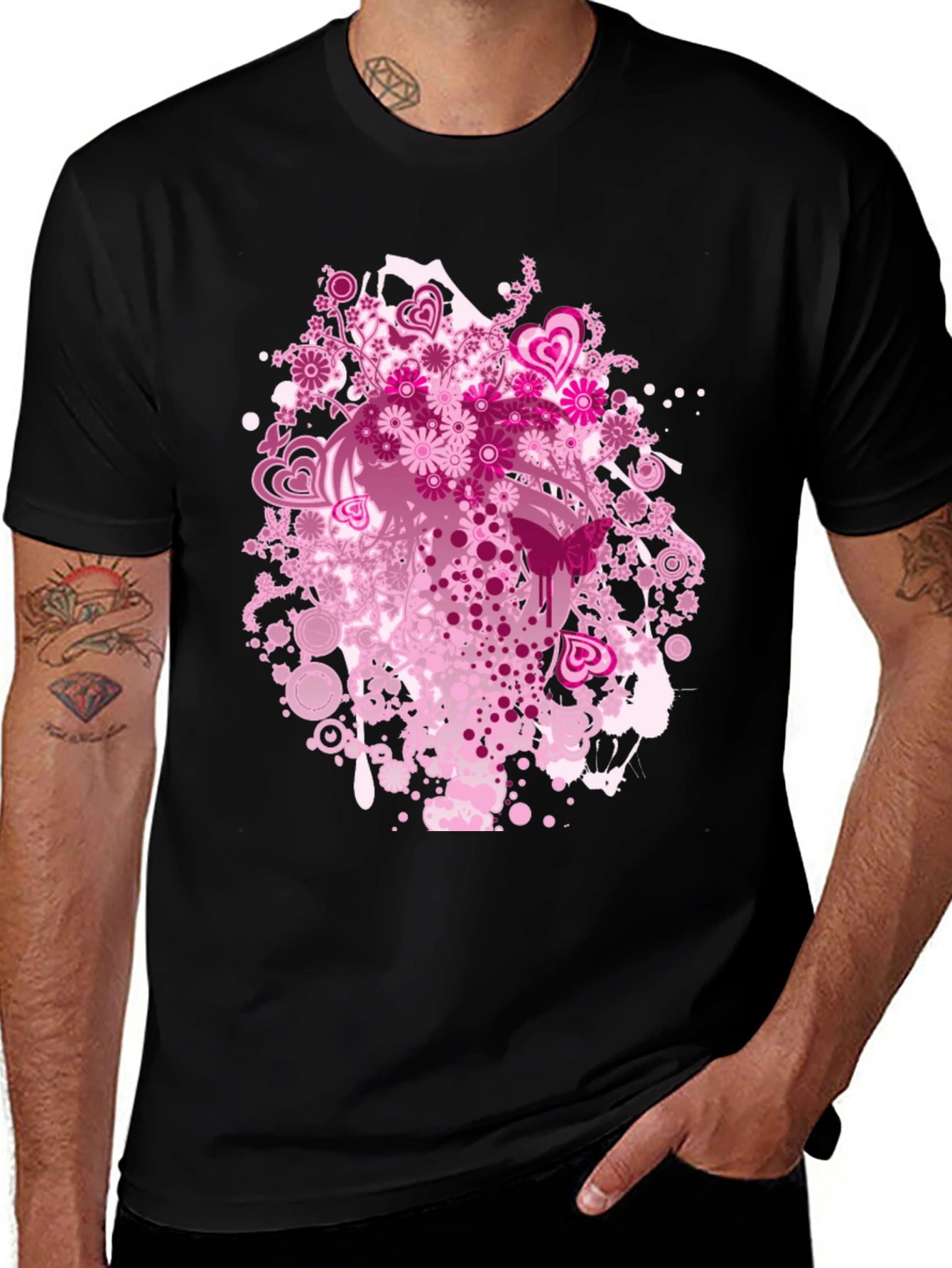 Floral Hearts Graphic Black T-Shirt