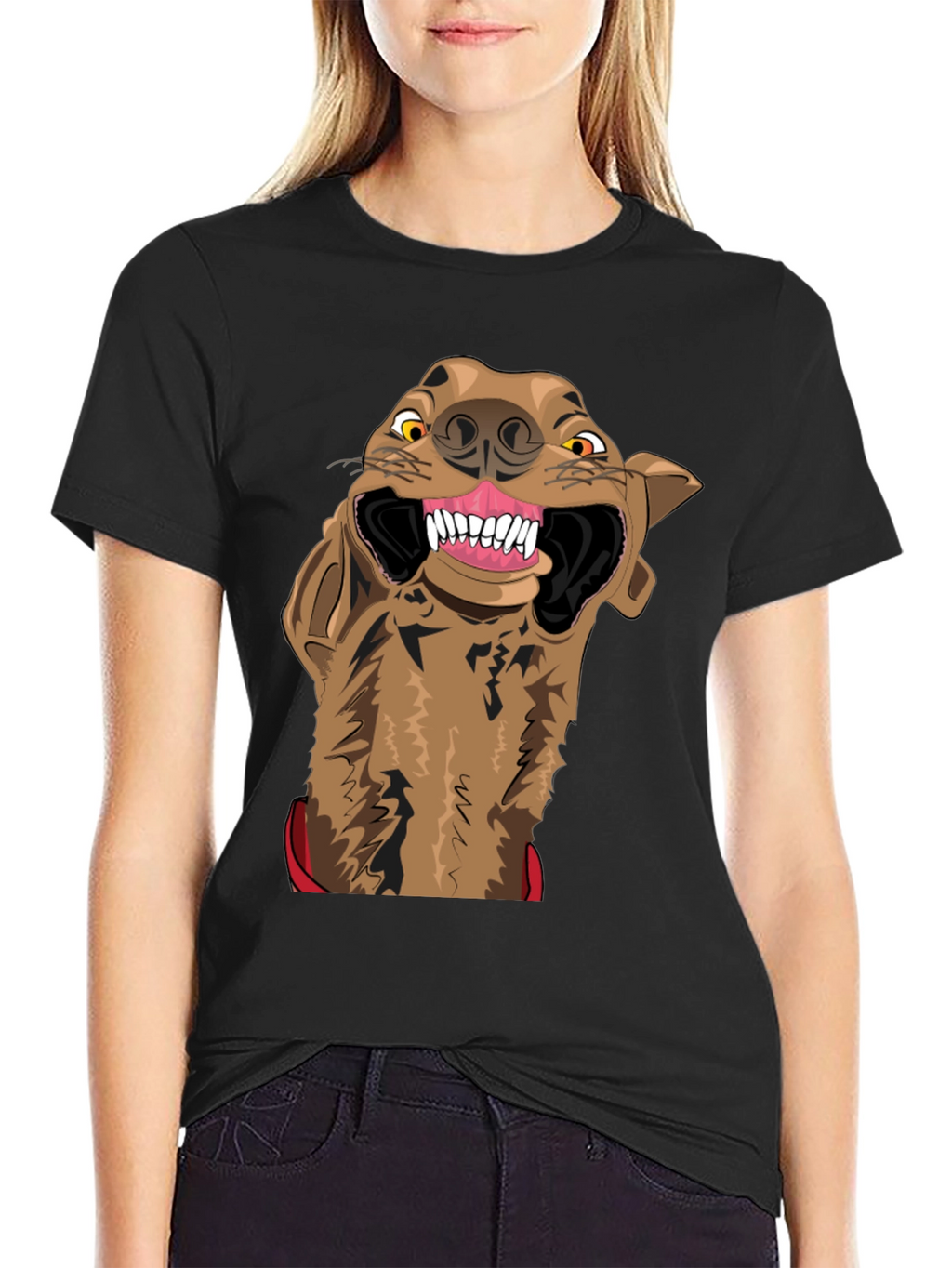 Cartoon Hyena Graphic Print Black T-Shirt