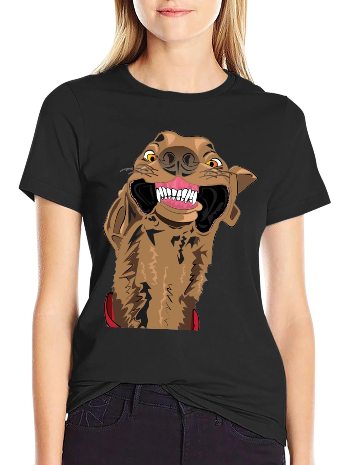 Cartoon Hyena Graphic Print Black T-Shirt