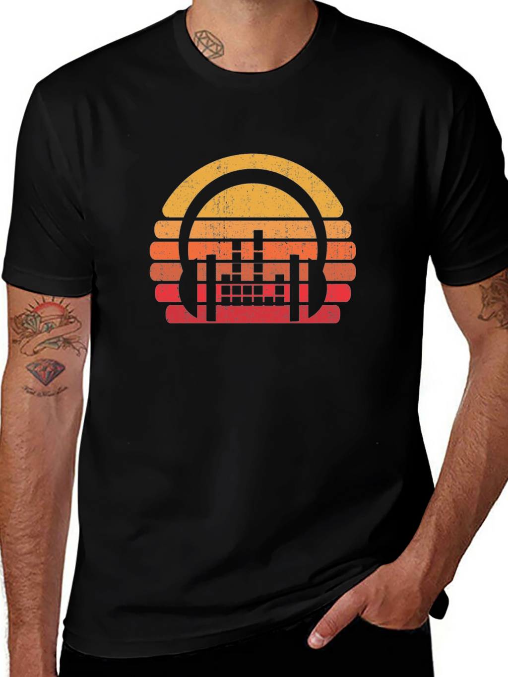 Retro Sunset Headphones Black T-Shirt