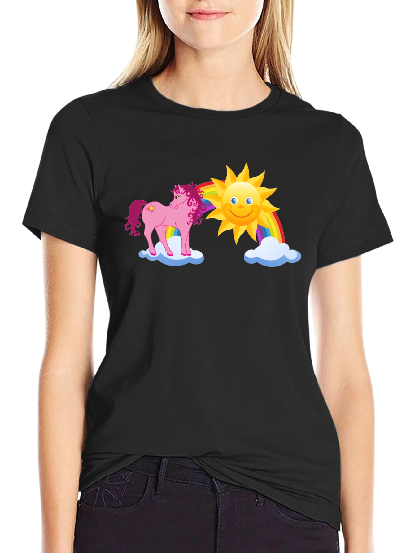 Unicorn Rainbow Graphic Tee - Black Cotton T-Shirt