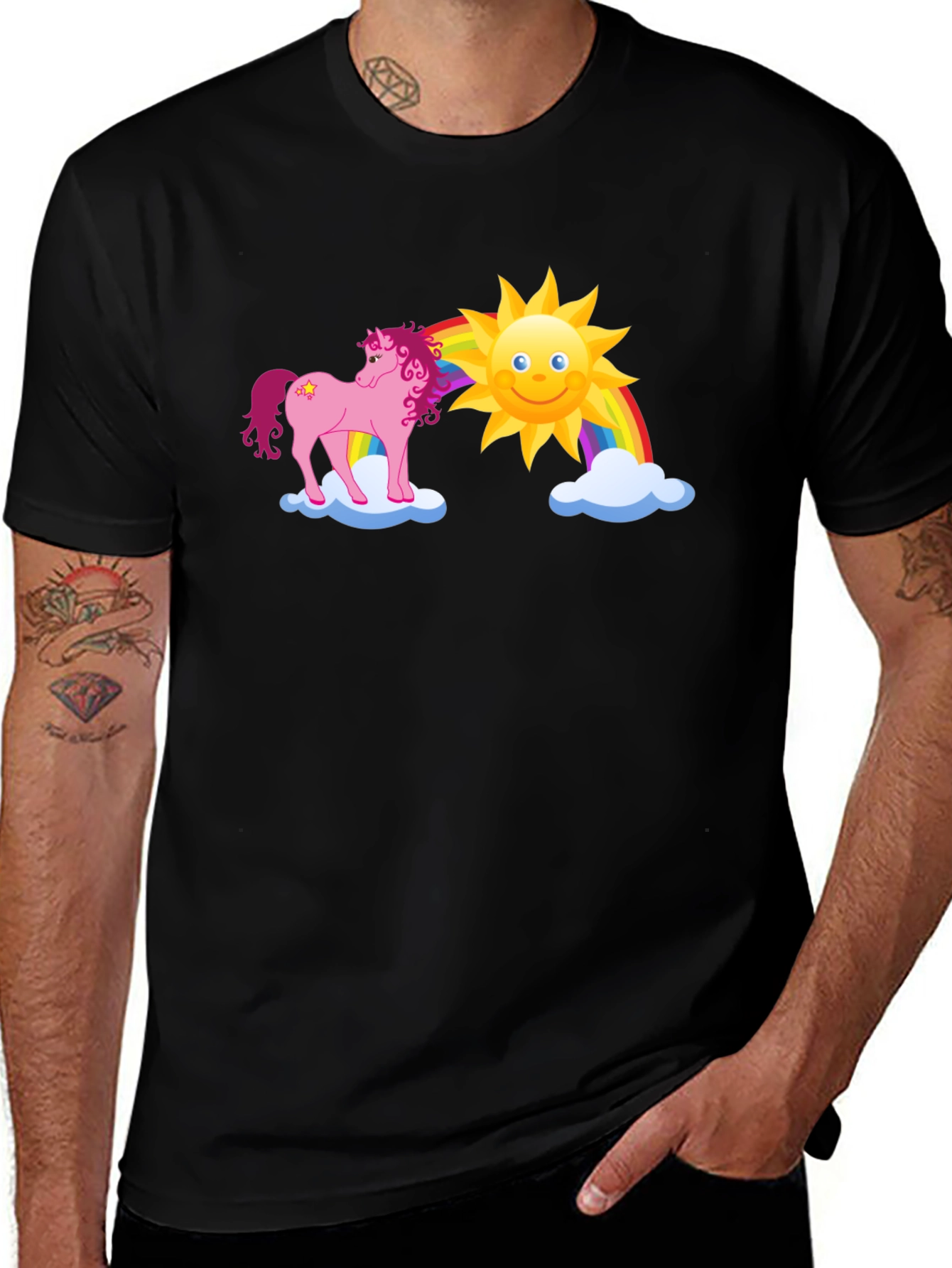 Unicorn Rainbow Graphic Tee - Black Cotton T-Shirt