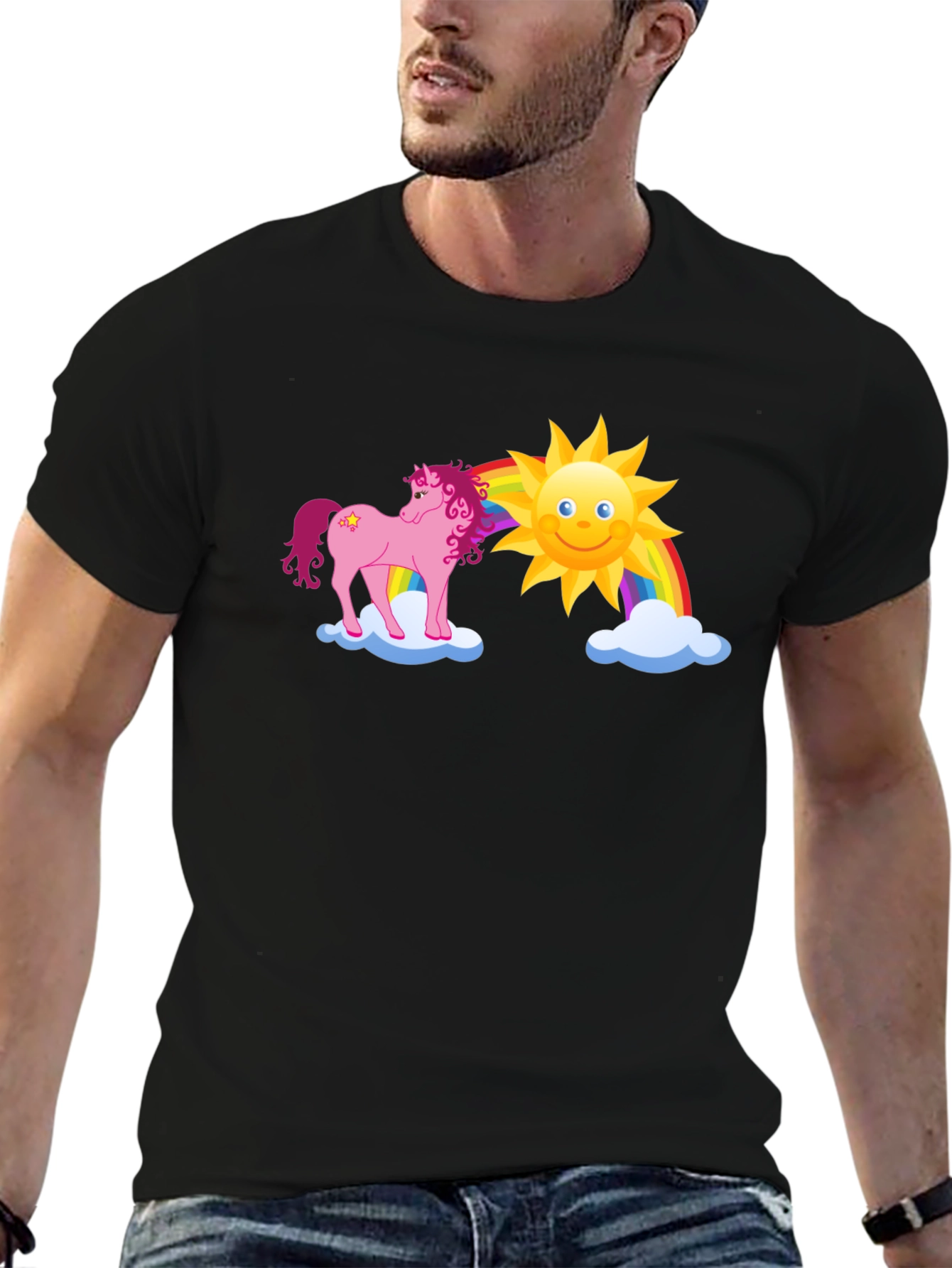 Unicorn Rainbow Graphic Tee - Black Cotton T-Shirt