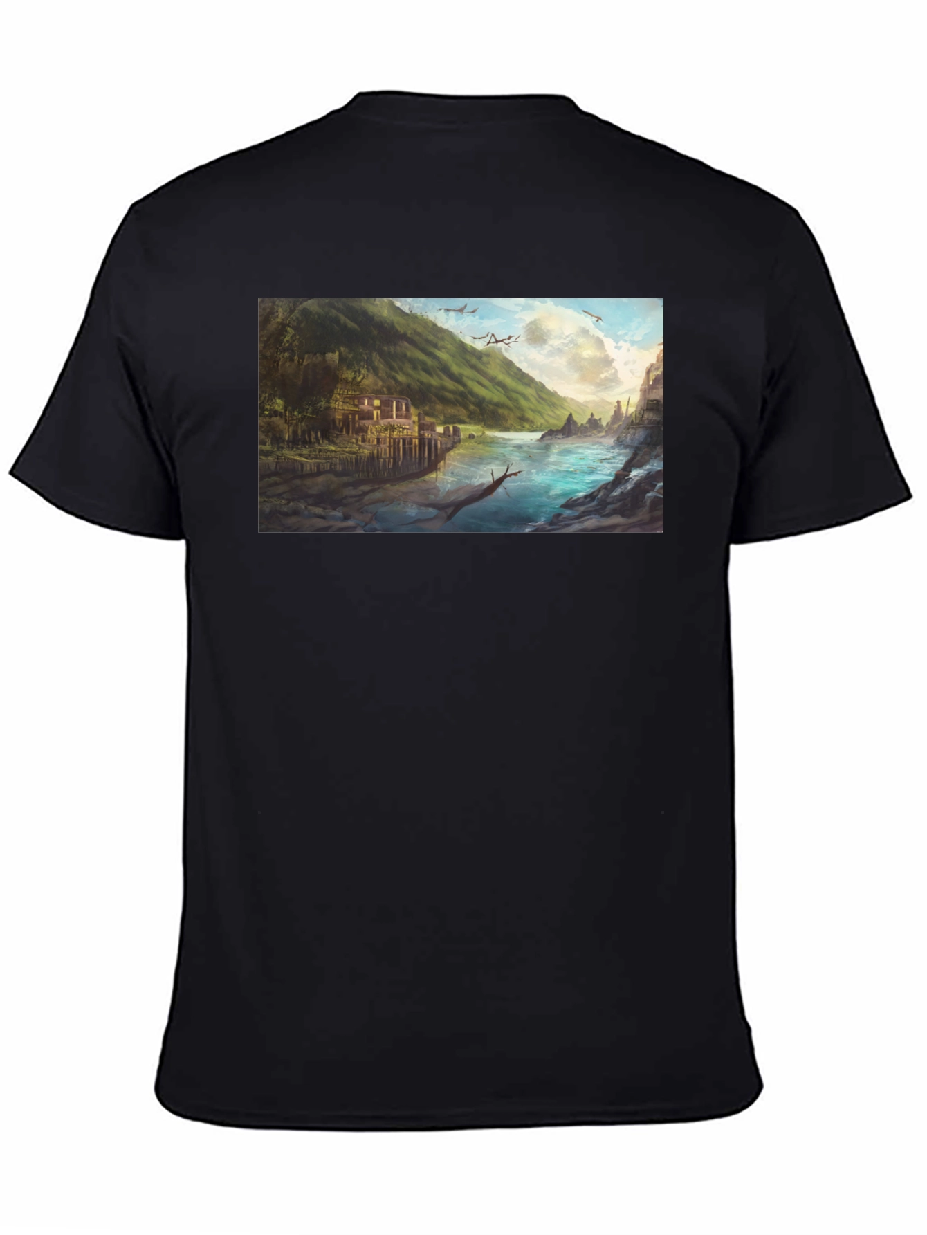 Scenic River Landscape Graphic Tee - Black