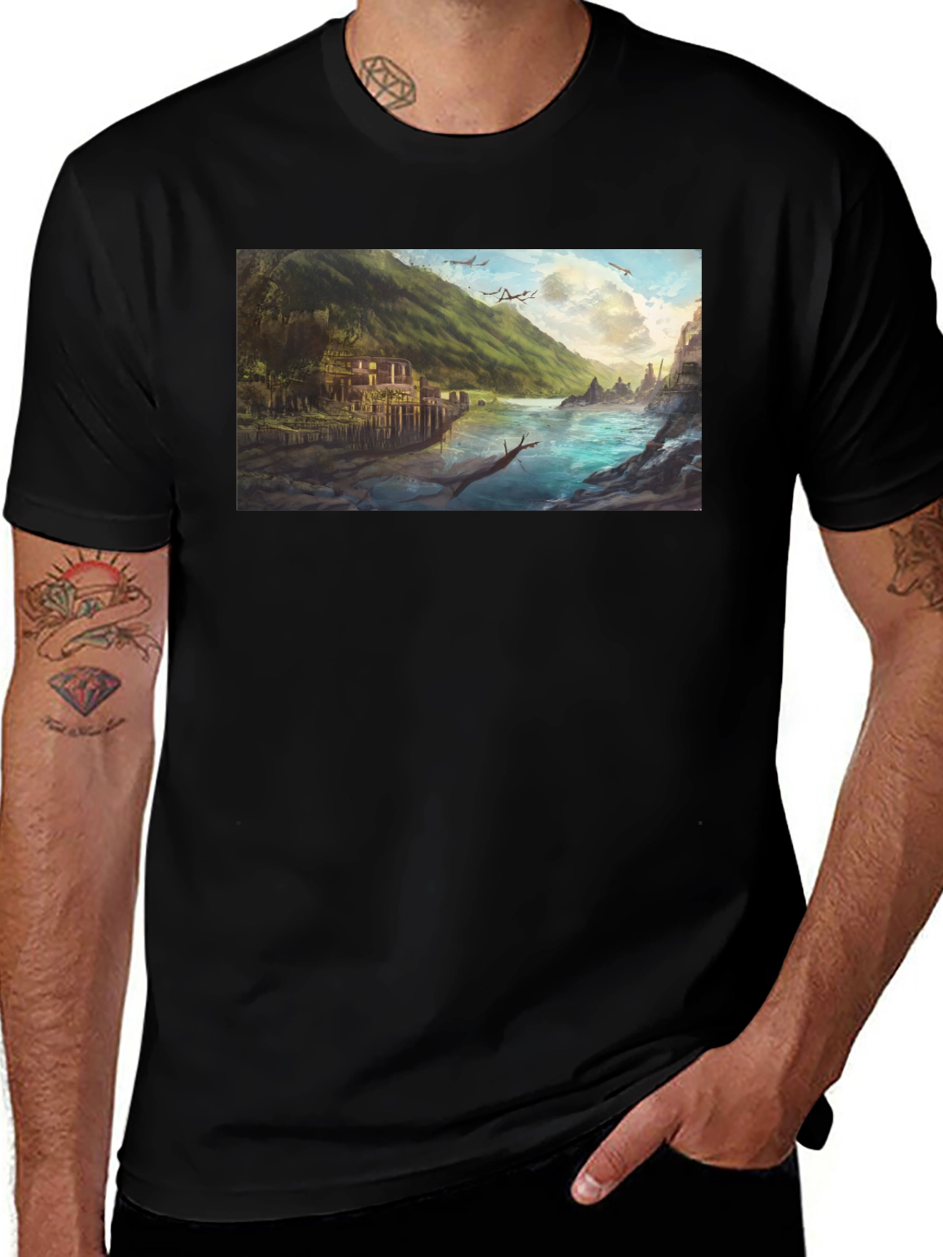Scenic River Landscape Graphic Tee - Black