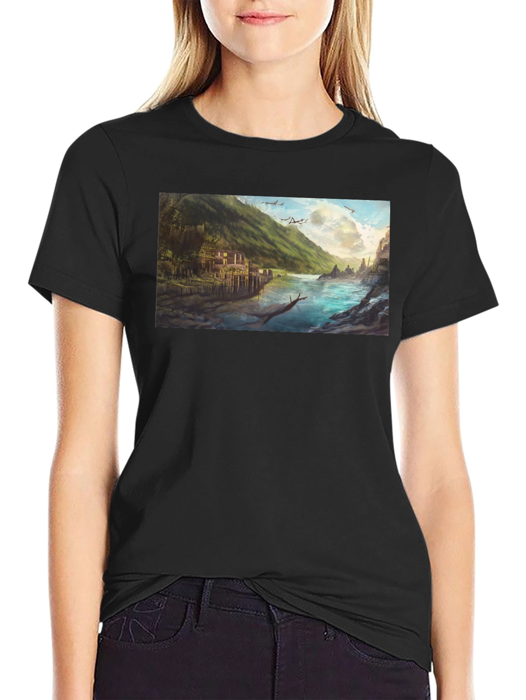 Scenic River Landscape Graphic Tee - Black