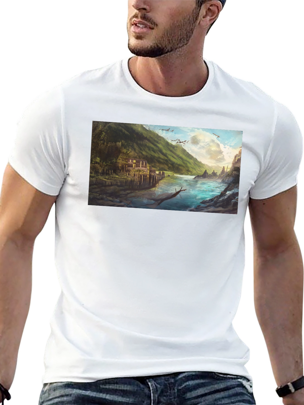 Scenic River Landscape Graphic Tee - Black