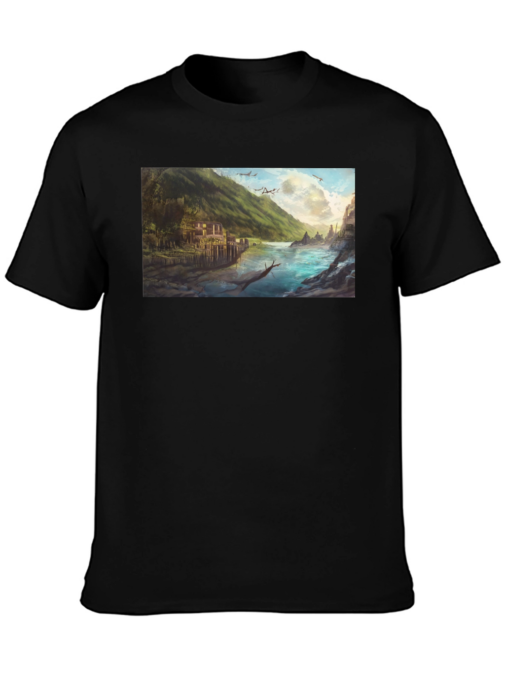 Scenic River Landscape Graphic Tee - Black