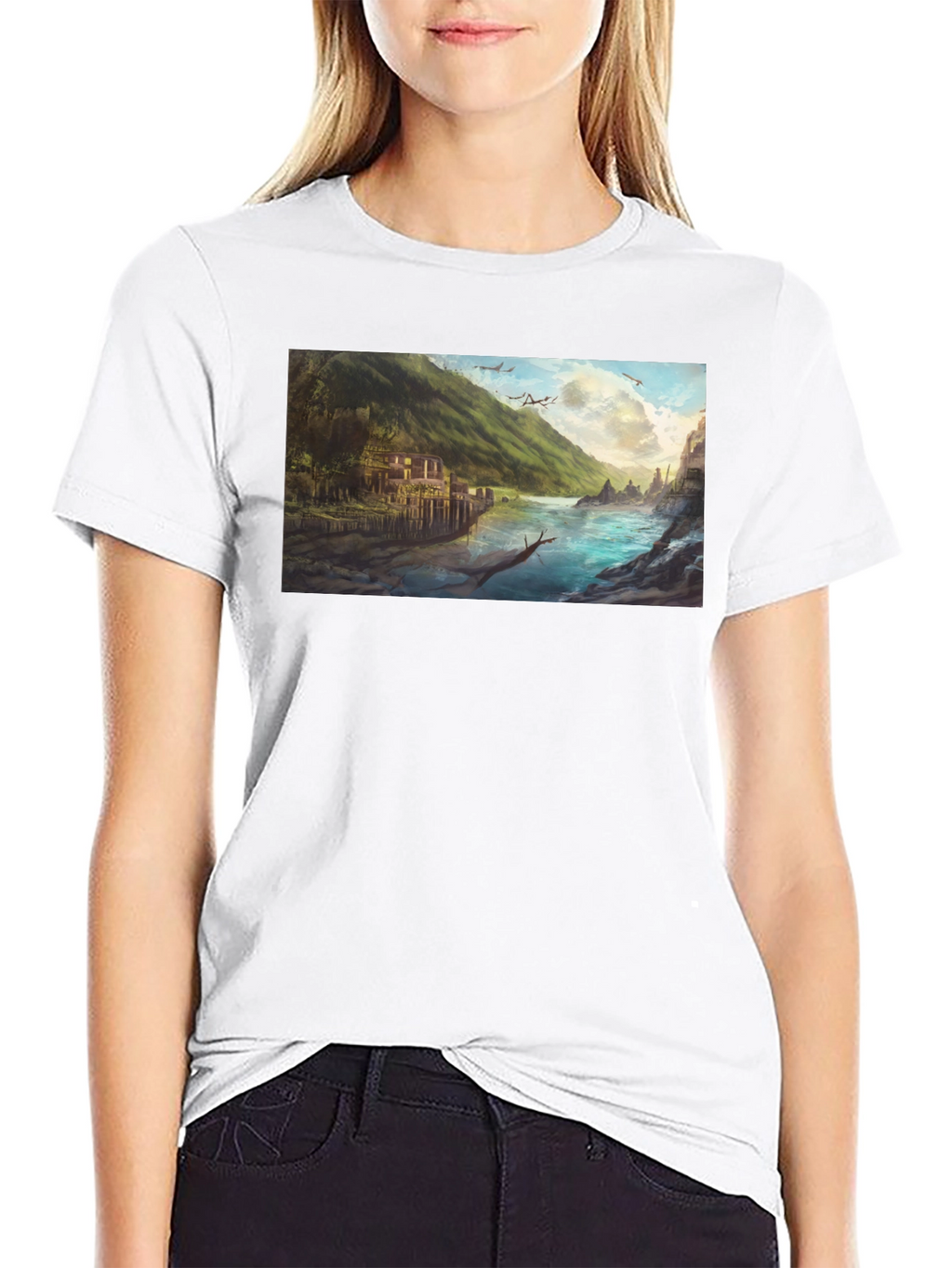 Scenic River Landscape Graphic Tee - Black