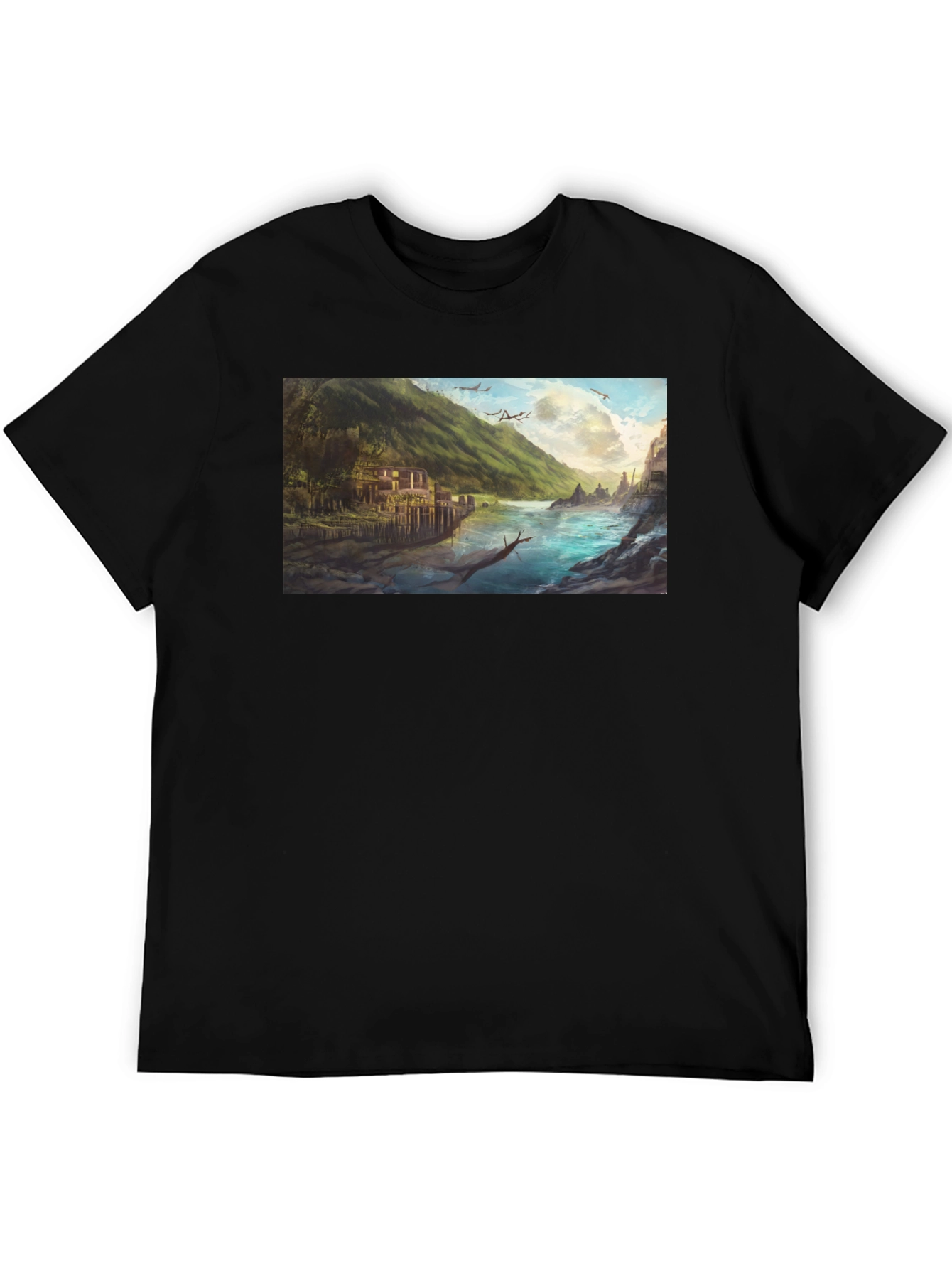 Scenic River Landscape Graphic Tee - Black