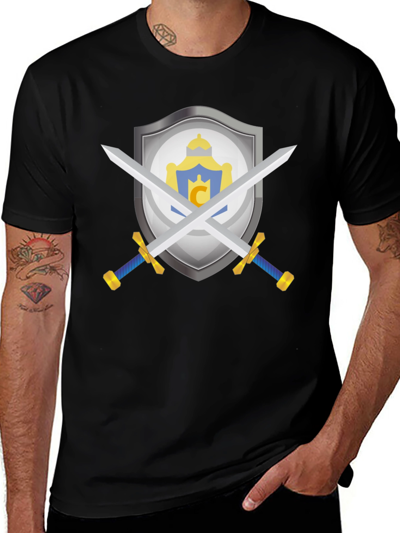 Crest Shield Swords Tee - Medieval Knight Style Black T-Shirt