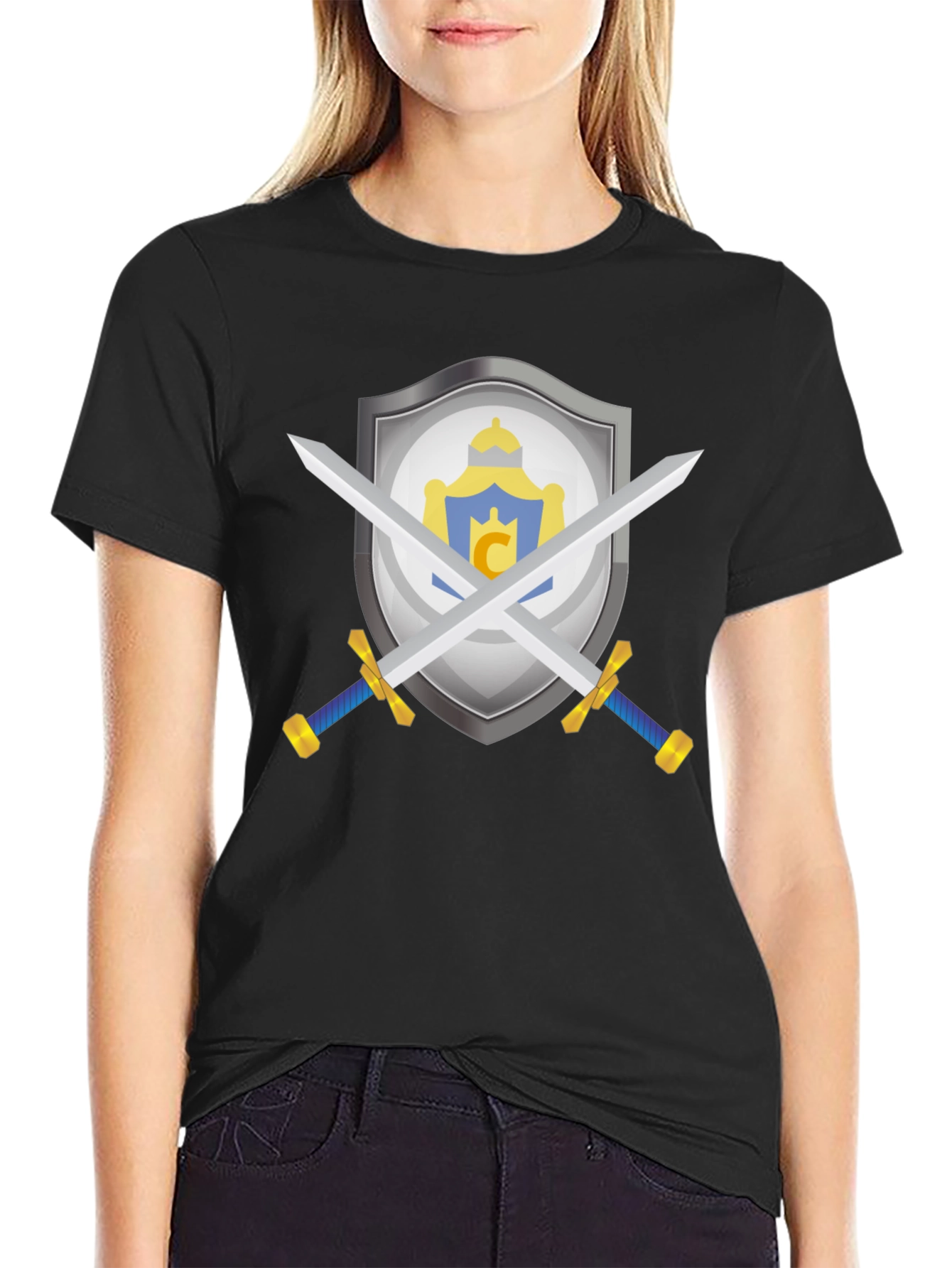 Crest Shield Swords Tee - Medieval Knight Style Black T-Shirt