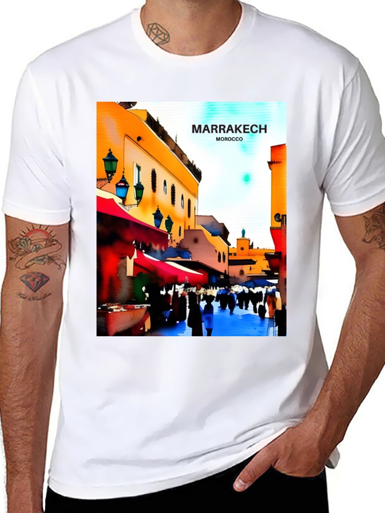 Marrakech Morocco T-Shirt - Vibrant Street Scene Design