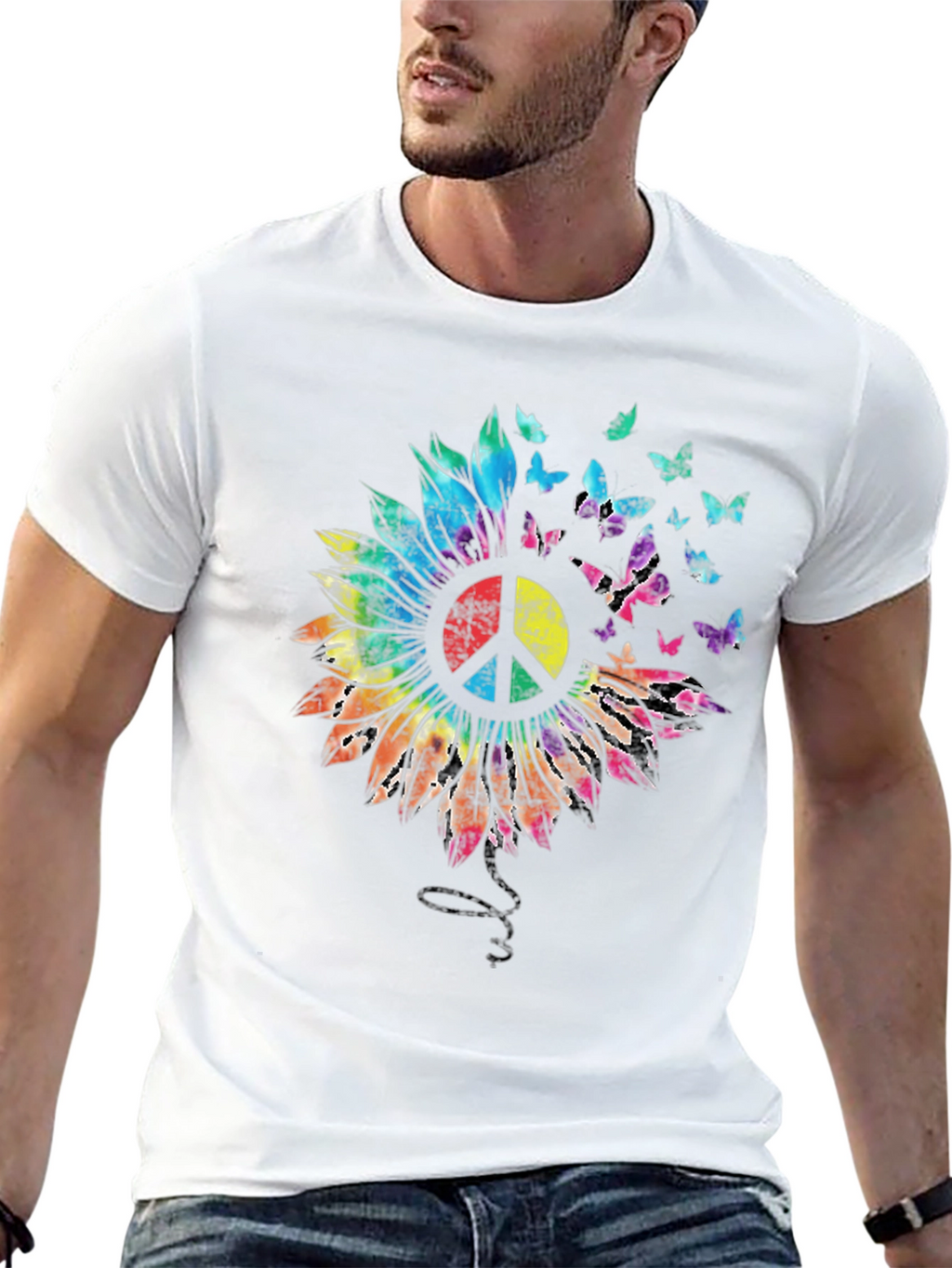 Sunflower Peace Sign Butterfly Graphic T-Shirt