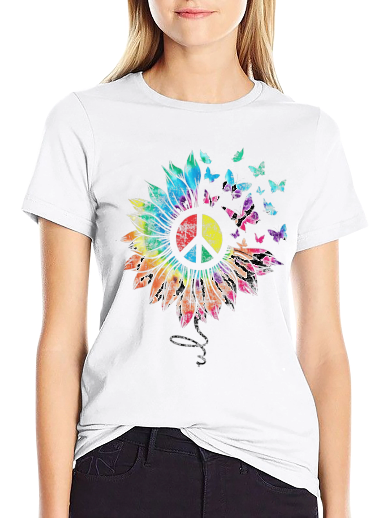 Sunflower Peace Sign Butterfly Graphic T-Shirt