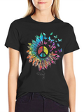 Sunflower Peace Sign Butterfly Graphic T-Shirt