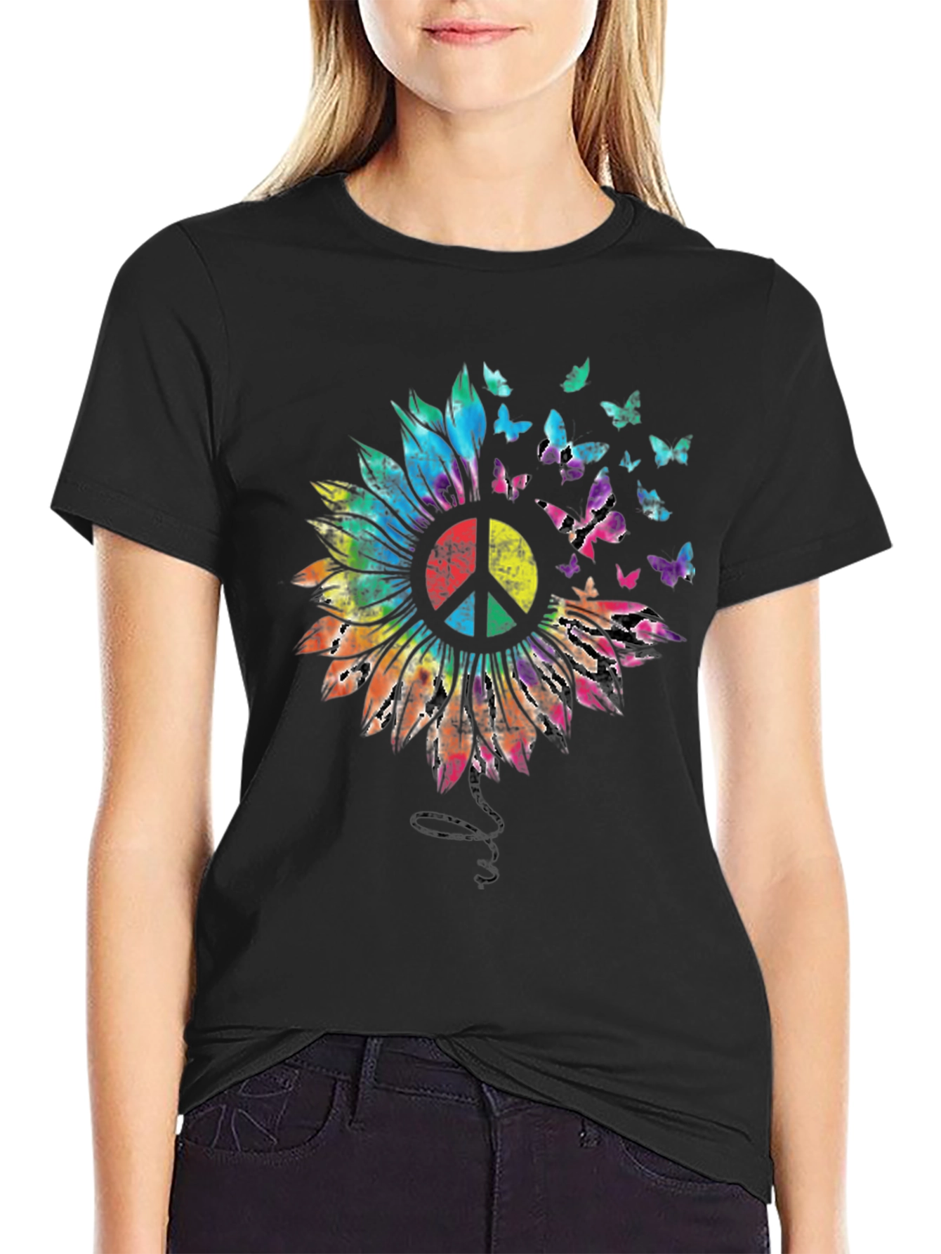 Sunflower Peace Sign Butterfly Graphic T-Shirt