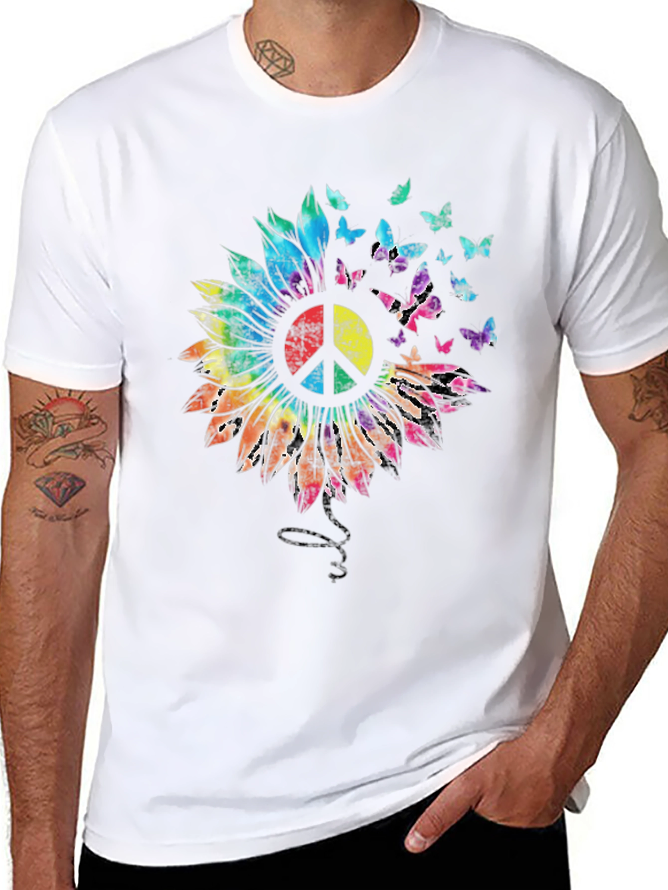 Sunflower Peace Sign Butterfly Graphic T-Shirt