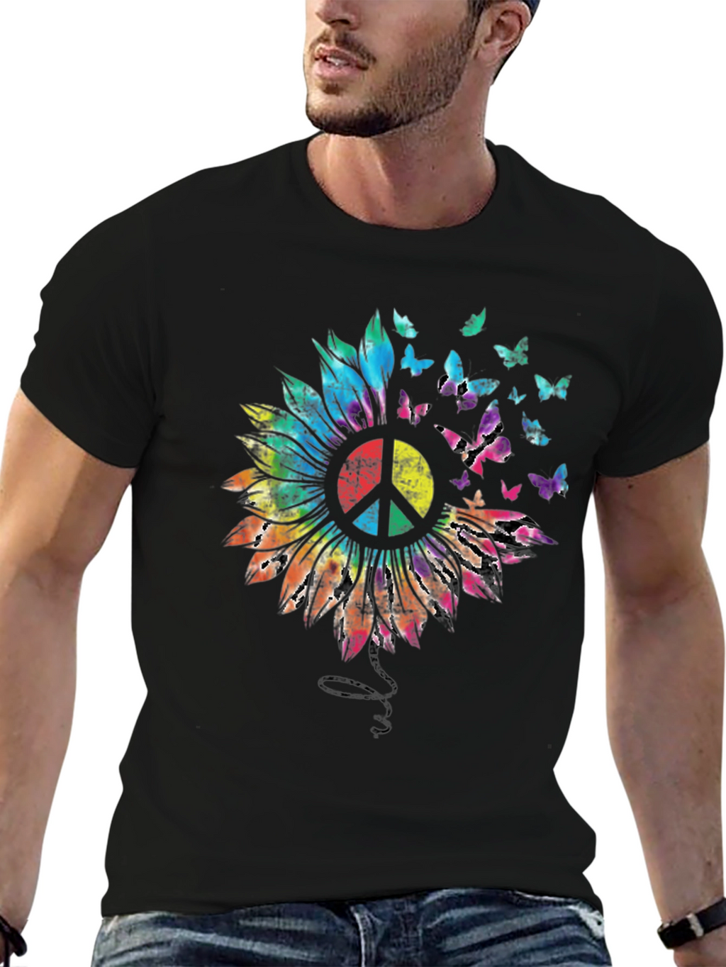 Sunflower Peace Sign Butterfly Graphic T-Shirt